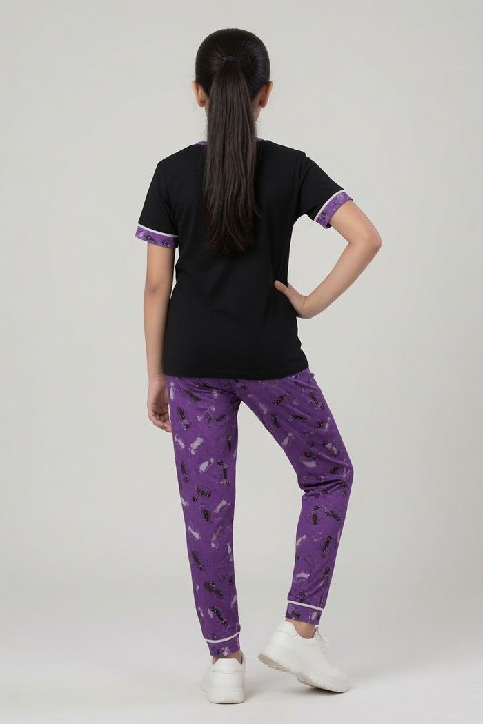 Girls Black Printed Single Jersey Cotton T-Shirt & Purple Printed Trouser Set