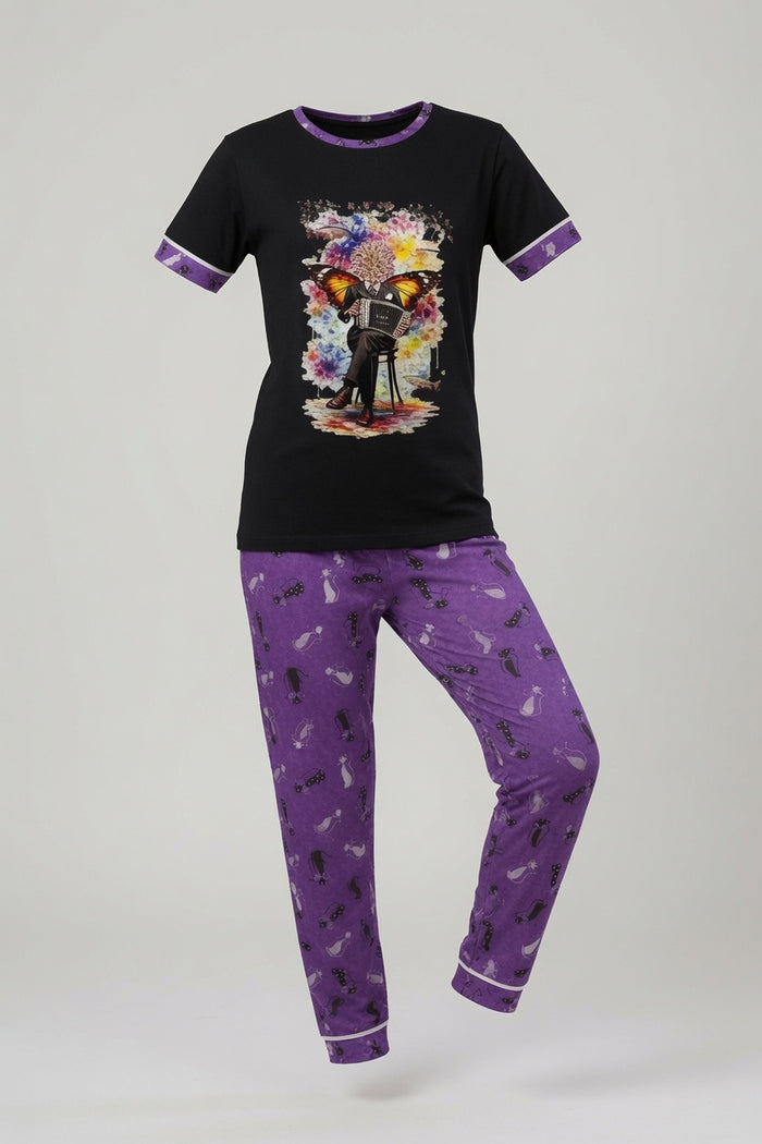 Girls Black Printed Single Jersey Cotton T-Shirt & Purple Printed Trouser Set