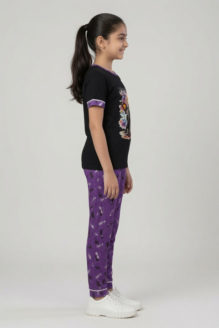 Girls Black Printed Single Jersey Cotton T-Shirt & Purple Printed Trouser Set