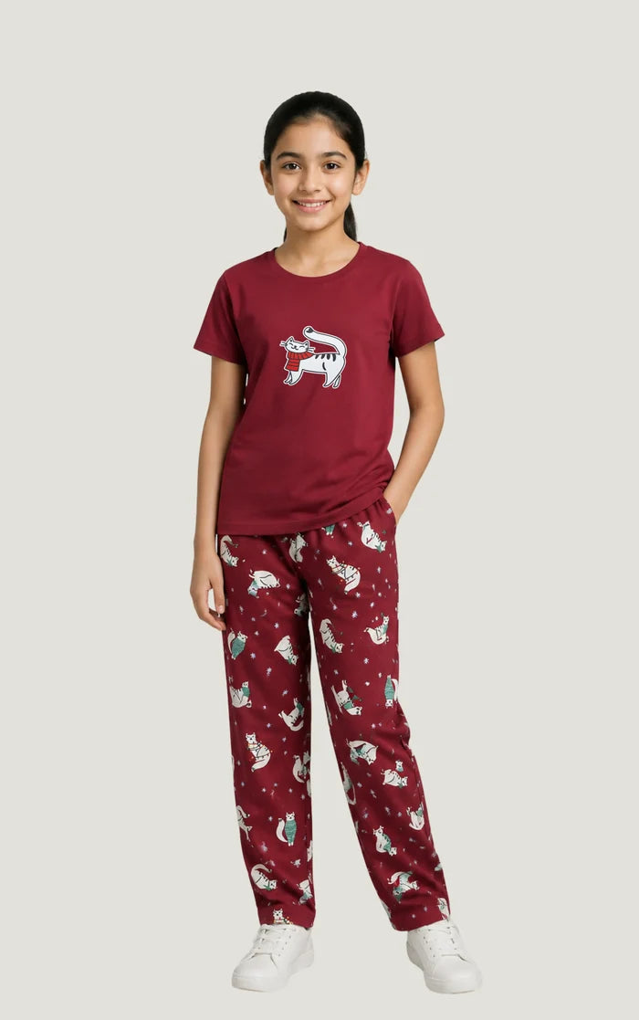 Girls Maroon Cat Printed Jersey Cotton T-Shirt & Printed Trouser Set