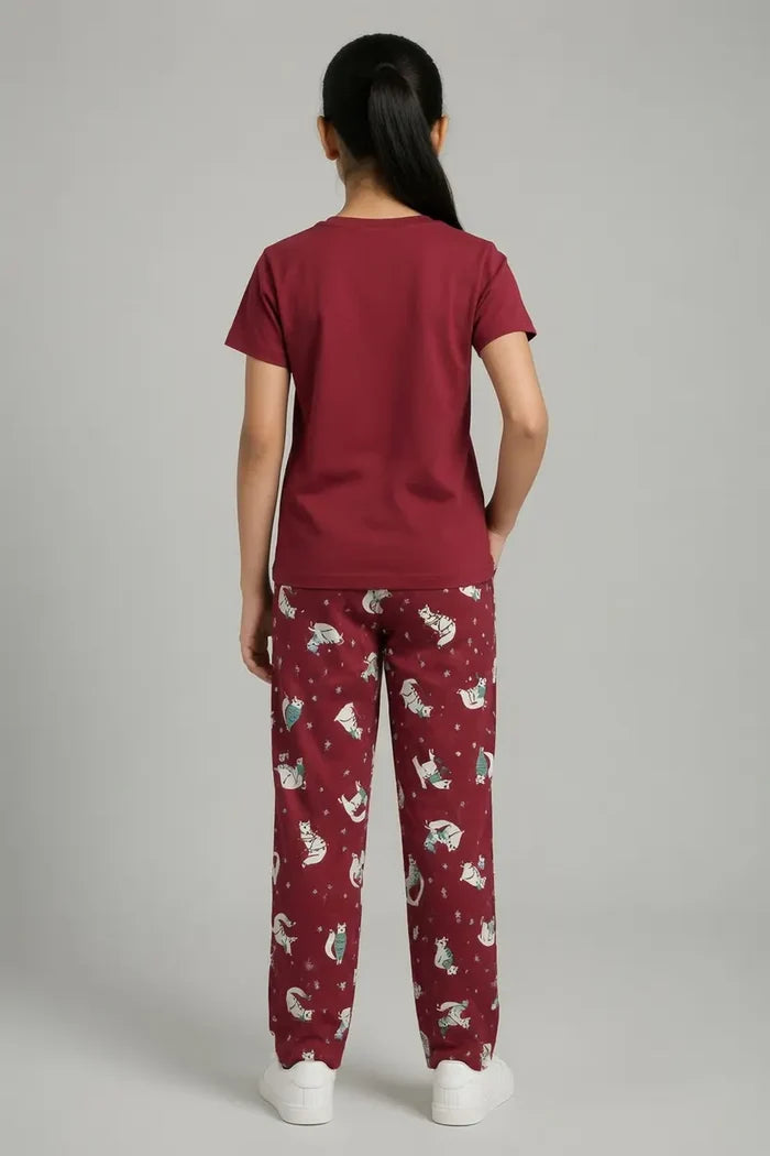 Girls Maroon Cat Printed Jersey Cotton T-Shirt & Printed Trouser Set