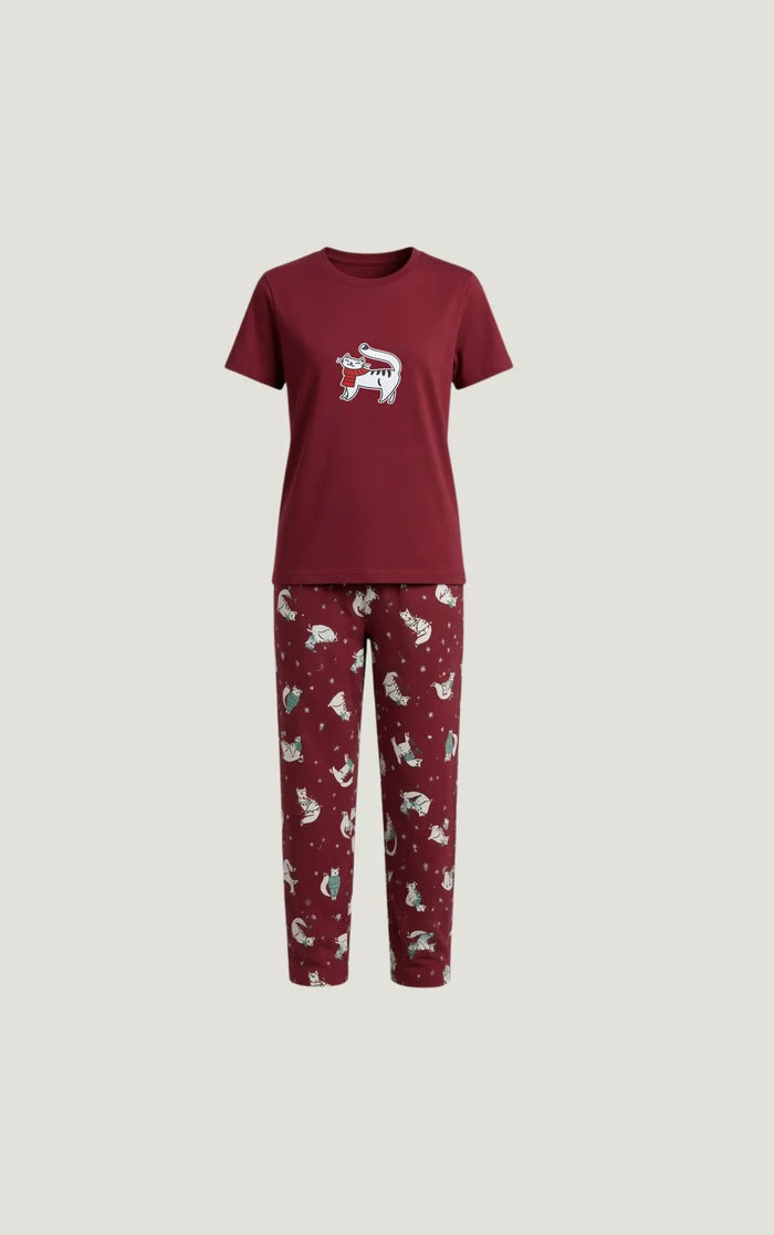 Girls Maroon Cat Printed Jersey Cotton T-Shirt & Printed Trouser Set