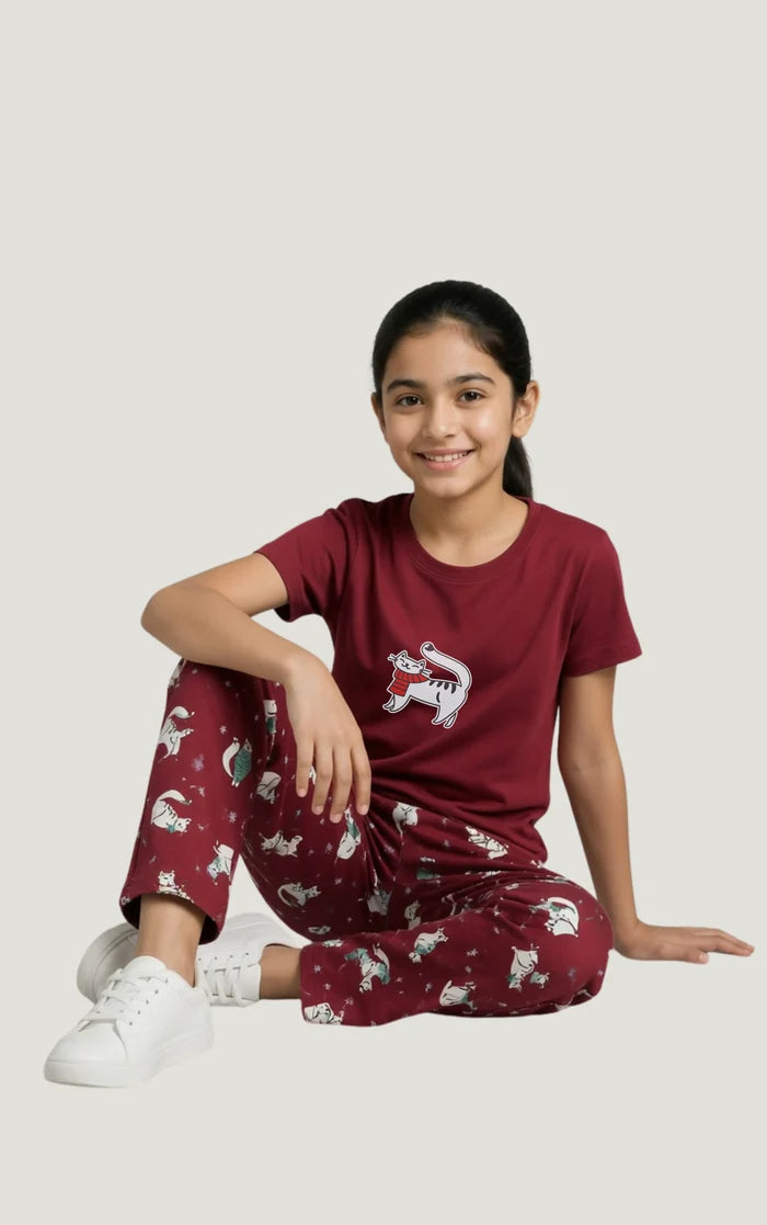 Girls Maroon Cat Printed Jersey Cotton T-Shirt & Printed Trouser Set