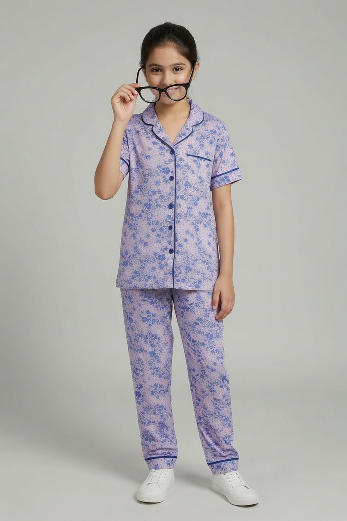 Girls Premium Lavender Floral Printed Button Night Suit