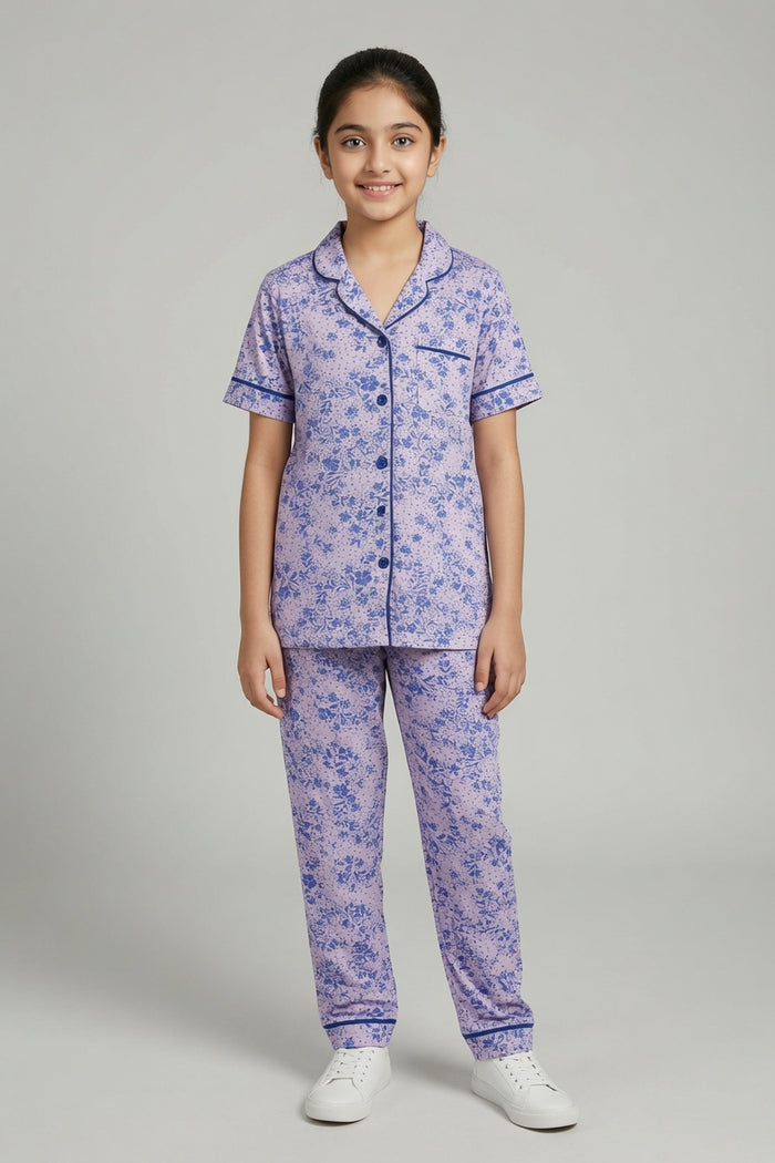 Girls Premium Lavender Floral Printed Button Night Suit