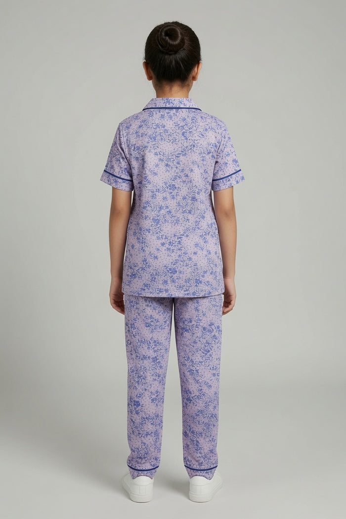 Girls Premium Lavender Floral Printed Button Night Suit