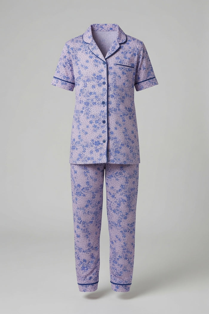 Girls Premium Lavender Floral Printed Button Night Suit