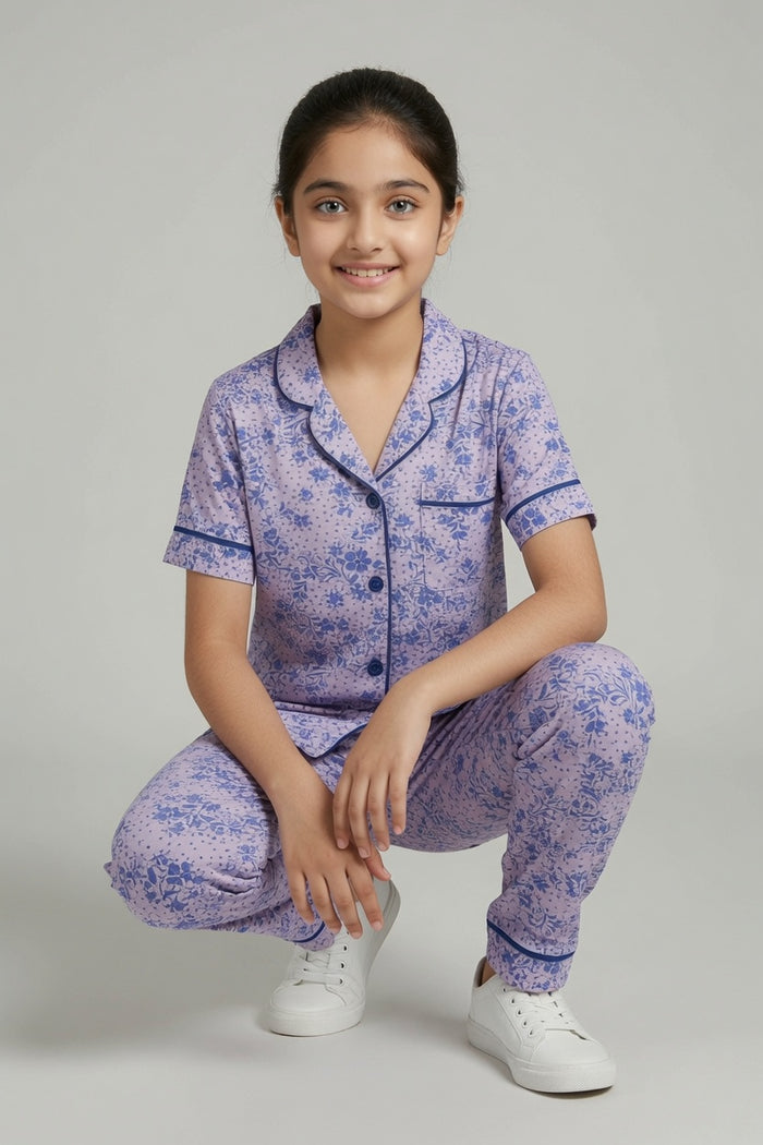 Girls Premium Lavender Floral Printed Button Night Suit
