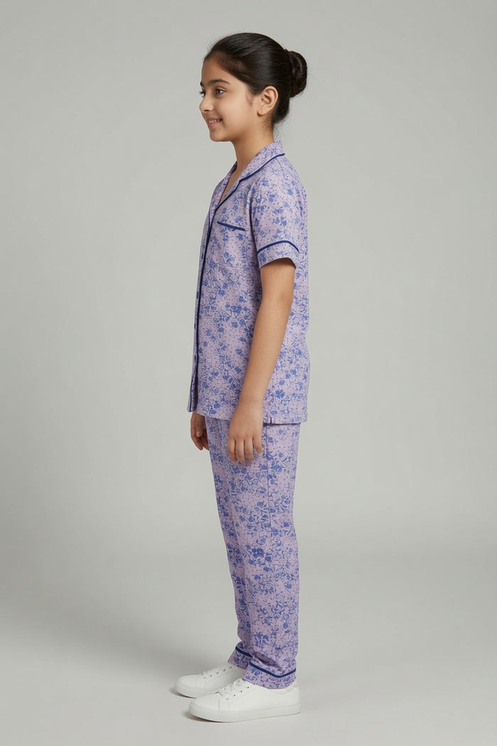 Girls Premium Lavender Floral Printed Button Night Suit