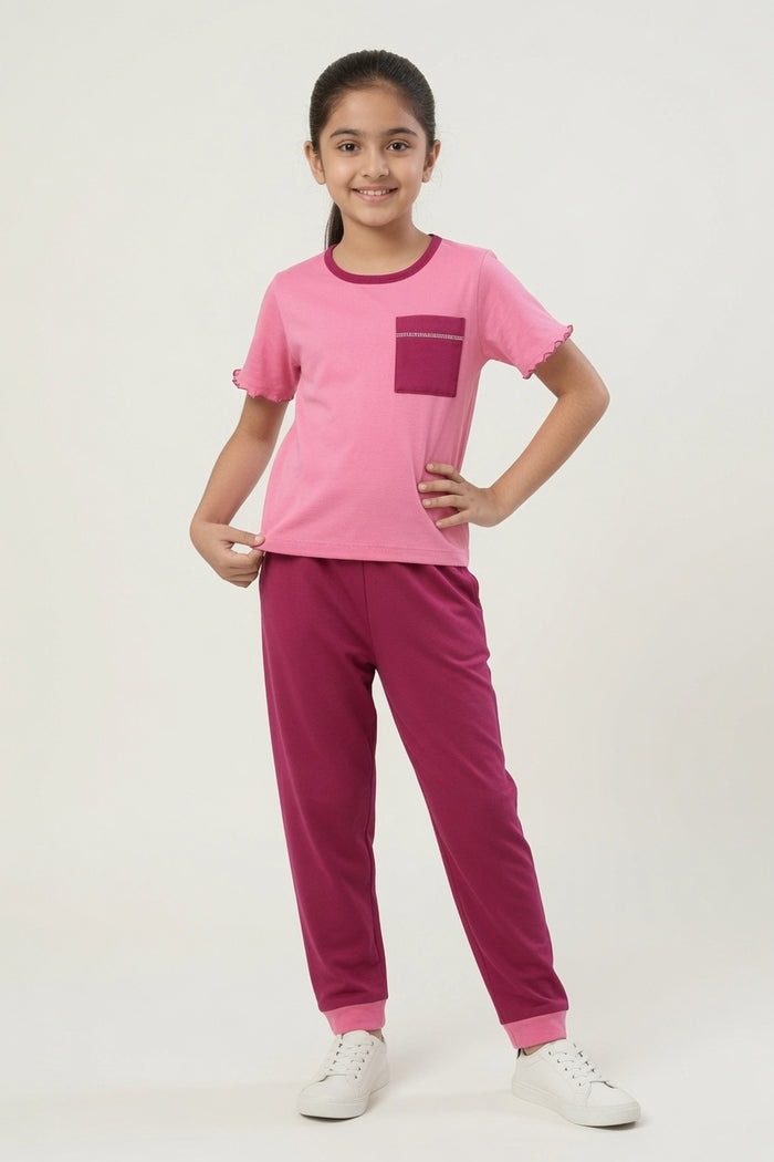 Girls Premium Pink "Hello Summer" Printed T-Shirt & Fuchsia Trouser Set