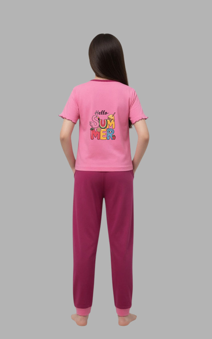 Girls Stylish Pink “Hello Summer” T-Shirt & Trouser Set - Hinz Clothing