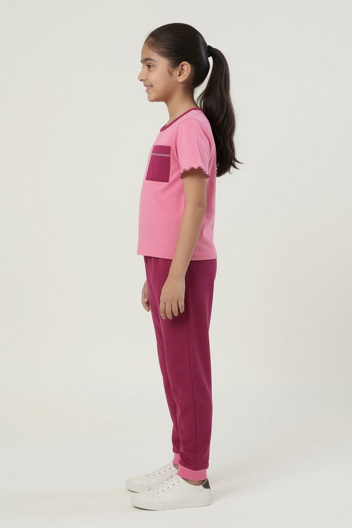 Girls Premium Pink "Hello Summer" Printed T-Shirt & Fuchsia Trouser Set