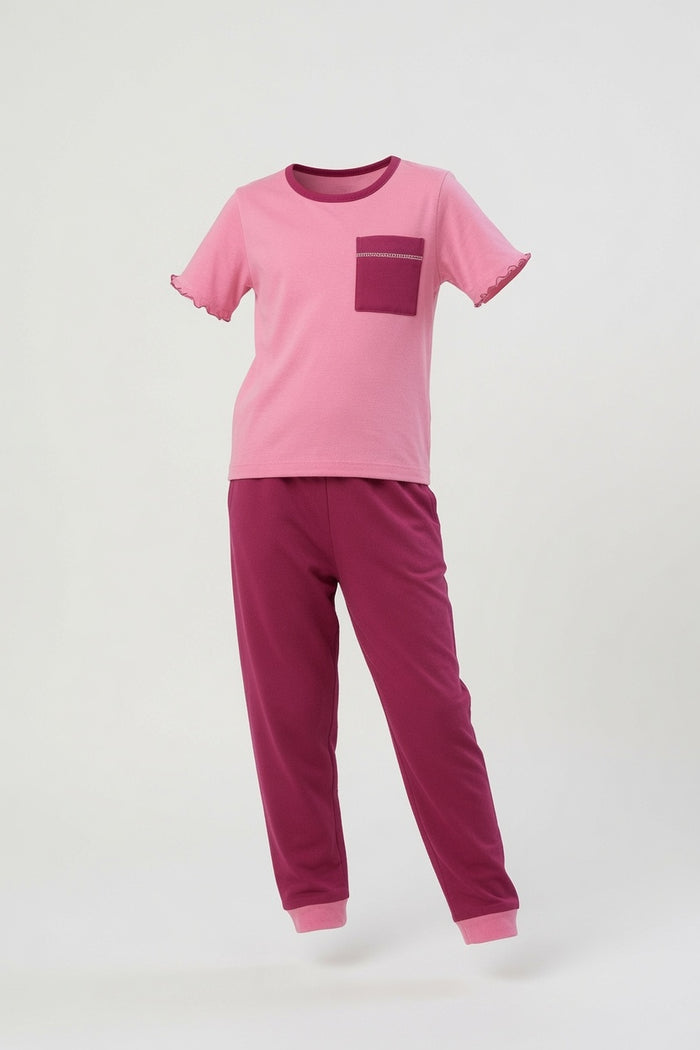 Girls Premium Pink "Hello Summer" Printed T-Shirt & Fuchsia Trouser Set
