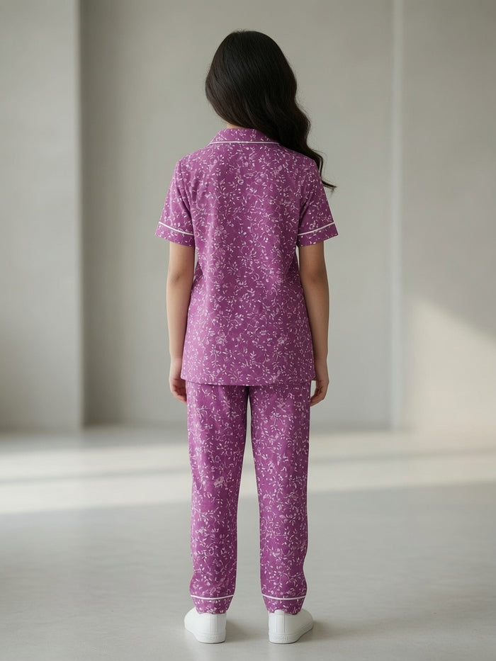 Girls Premium Purple Printed Button Night Suit
