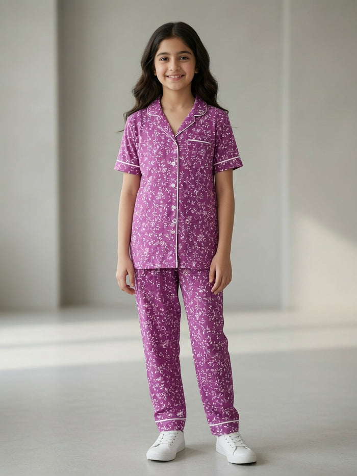 Girls Premium Purple Printed Button Night Suit