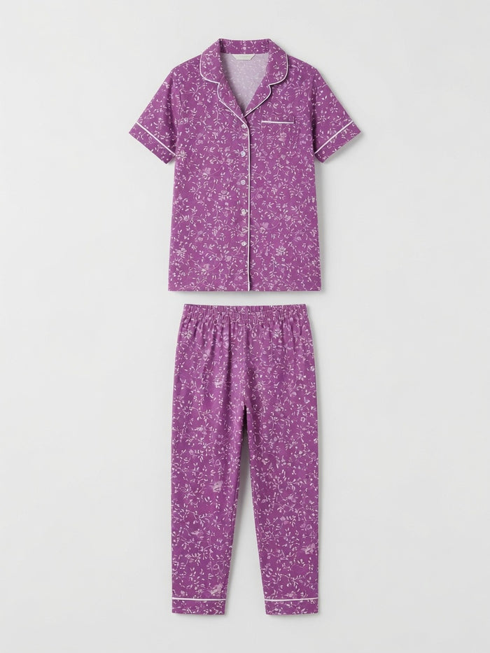 Girls Premium Purple Printed Button Night Suit