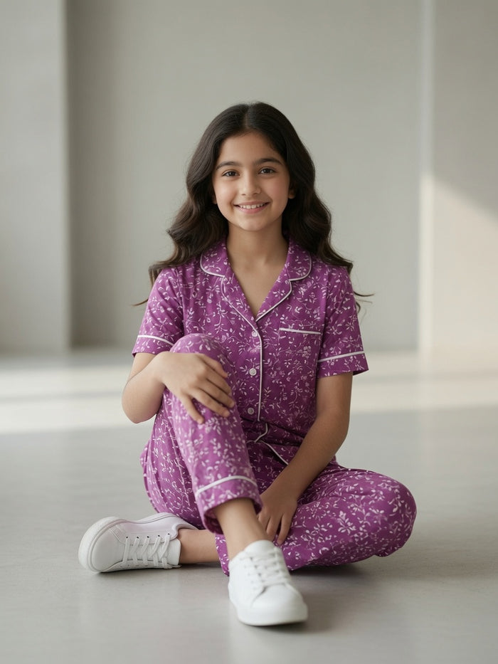 Girls Premium Purple Printed Button Night Suit