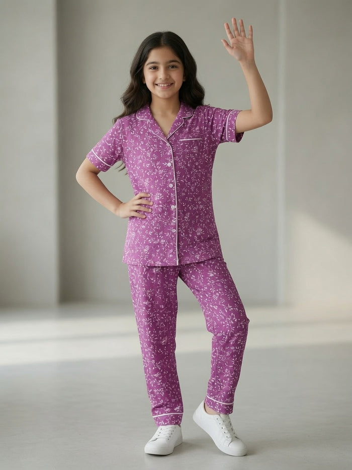 Girls Premium Purple Printed Button Night Suit