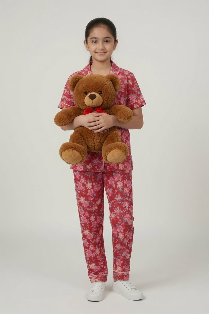 Girls Premium Red Floral Printed Button Night Suit