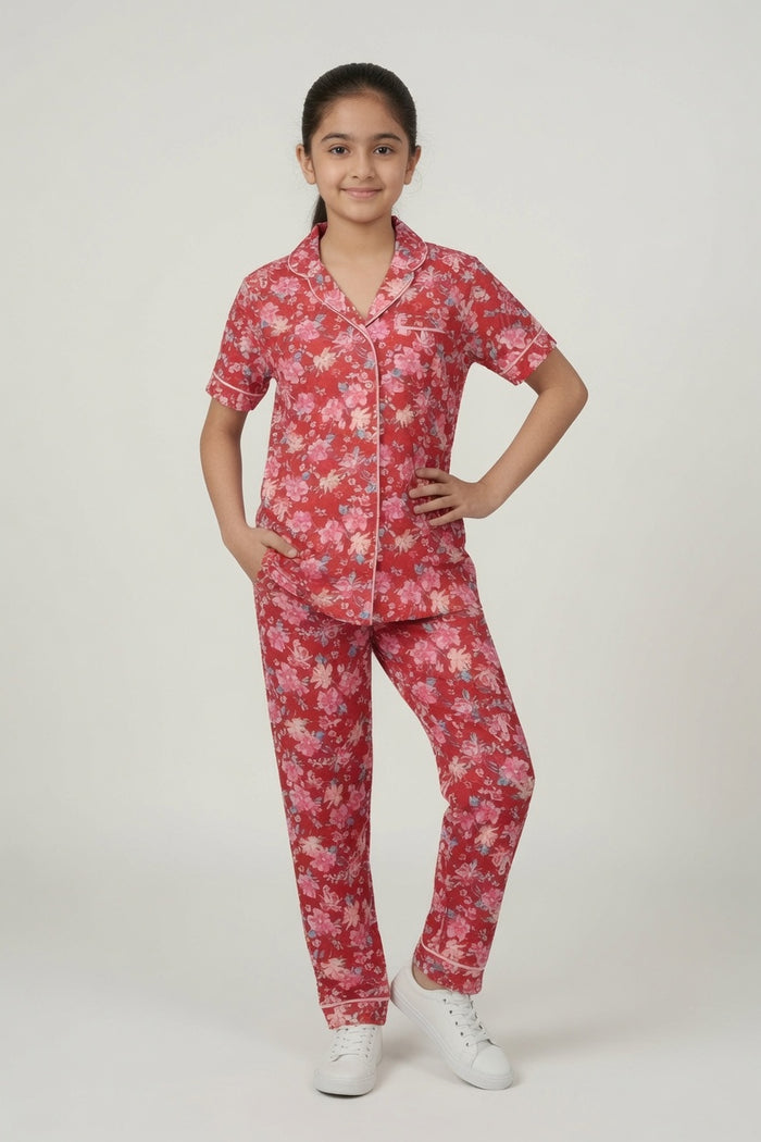 Girls Premium Red Floral Printed Button Night Suit