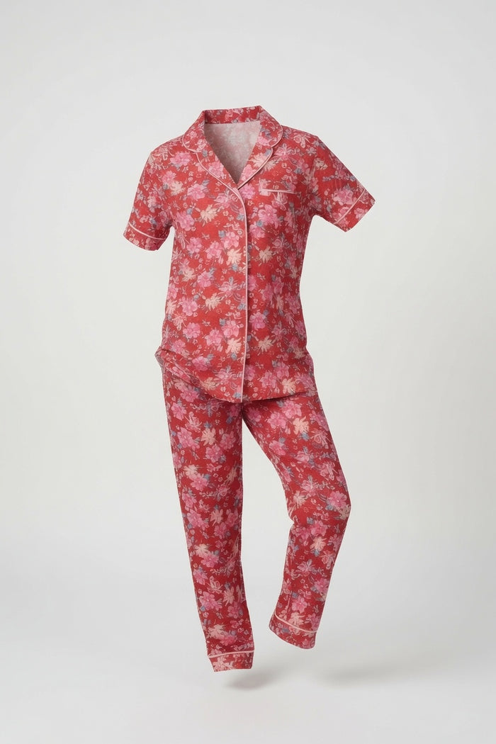 Girls Premium Red Floral Printed Button Night Suit