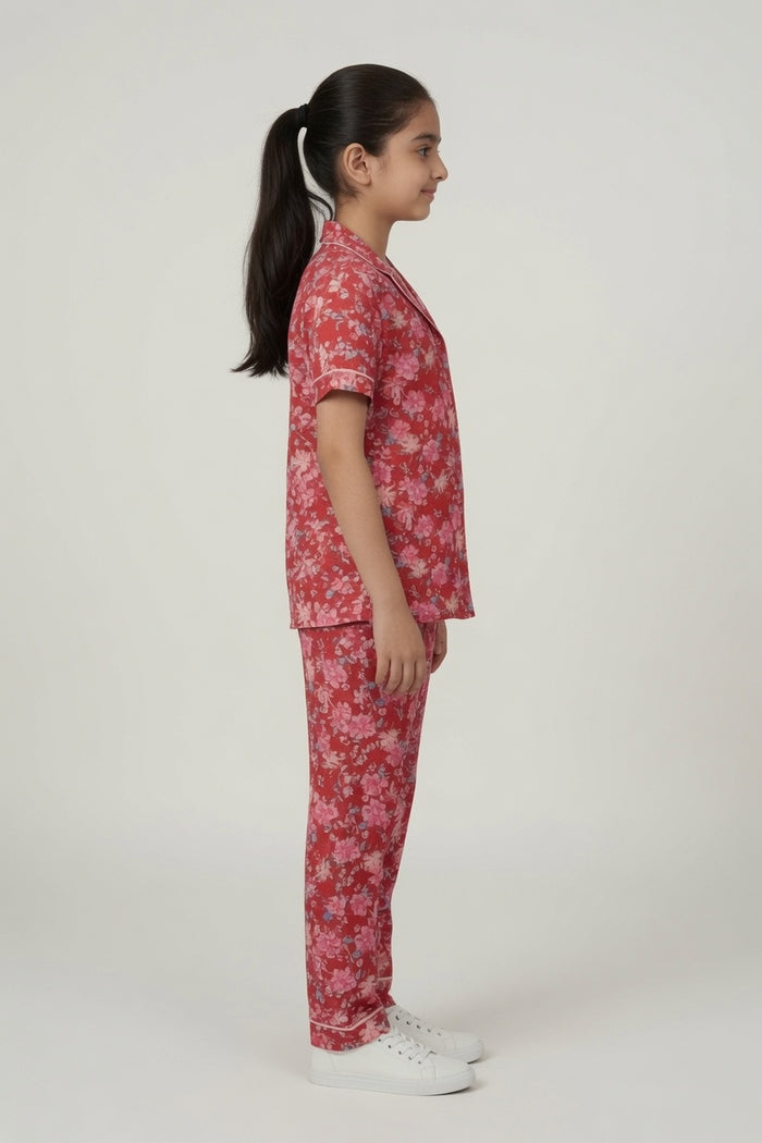 Girls Premium Red Floral Printed Button Night Suit