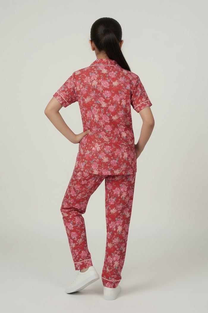 Girls Premium Red Floral Printed Button Night Suit