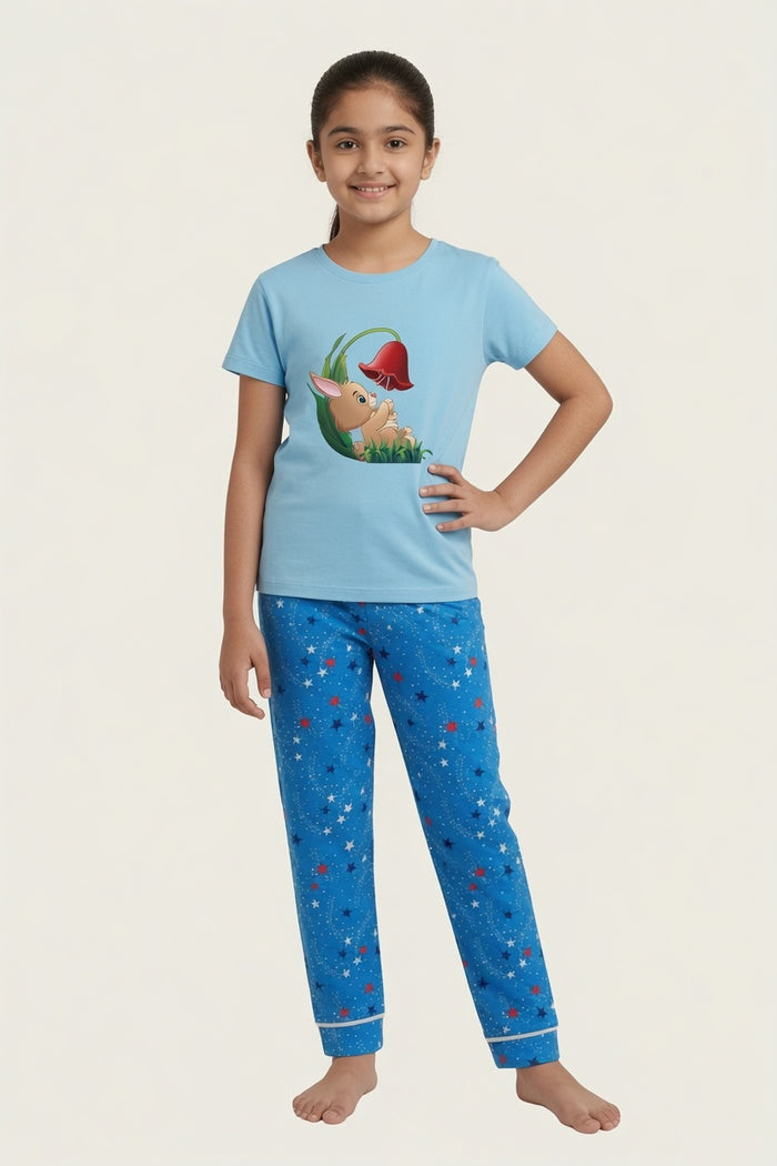 Girls Premium Sky Blue Bunny Printed  T-Shirt & Blue Star Printed Trouser Set