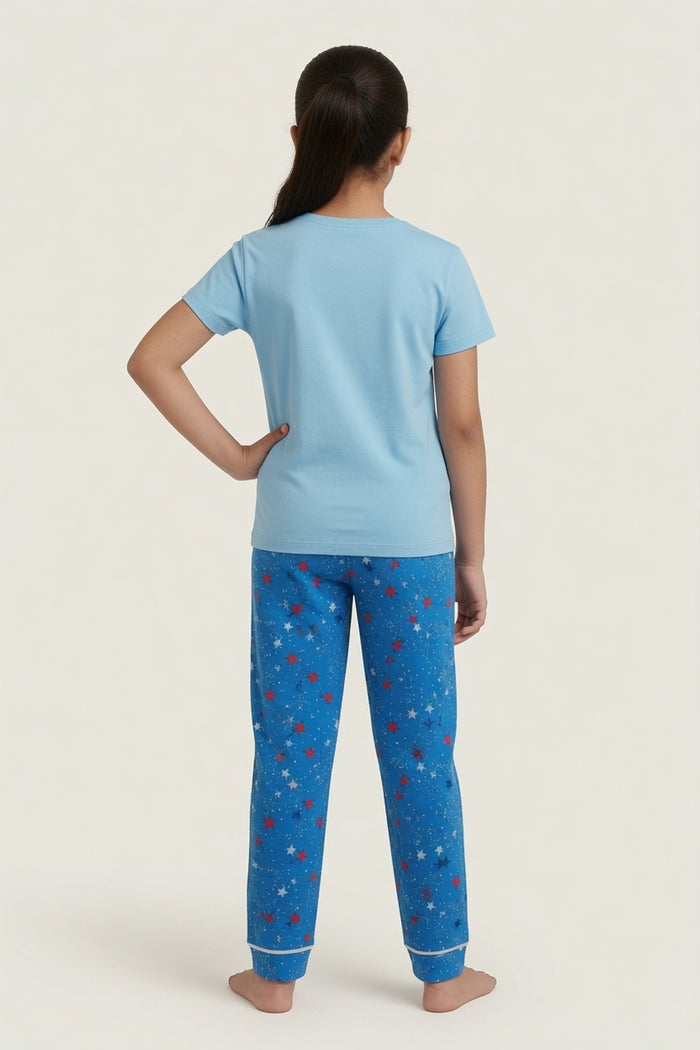 Girls Premium Sky Blue Bunny Printed  T-Shirt & Blue Star Printed Trouser Set