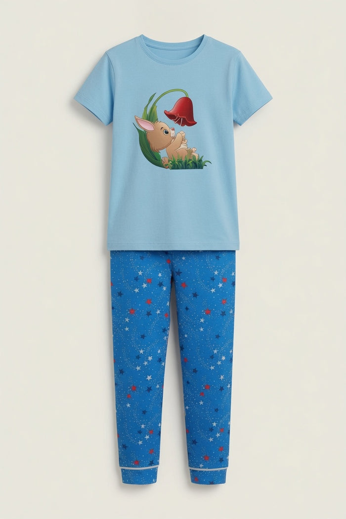 Girls Premium Sky Blue Bunny Printed  T-Shirt & Blue Star Printed Trouser Set