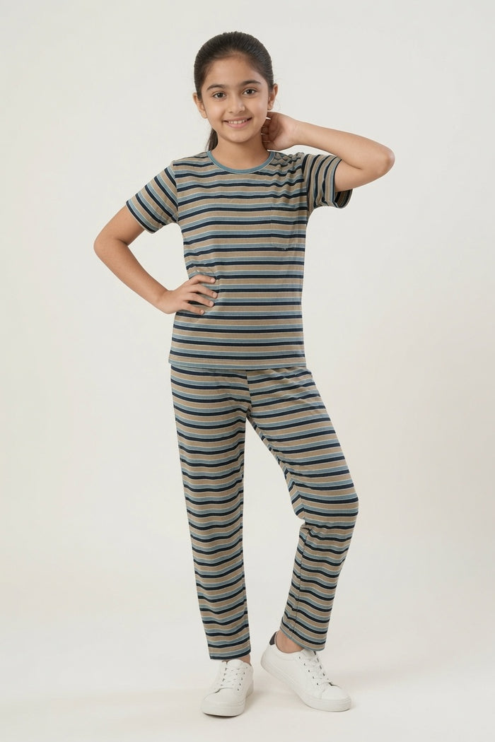 Girls Premium Striped Single Jersey Lycra Cotton T-Shirt & Trouser Night Suit
