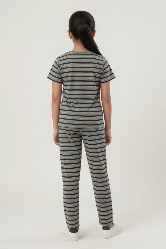 Girls Premium Striped Single Jersey Lycra Cotton T-Shirt & Trouser Night Suit