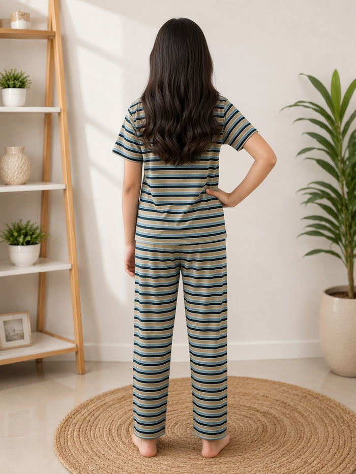 Girls Premium Striped Single Jersey Lycra Cotton T-Shirt & Trouser Night Suit