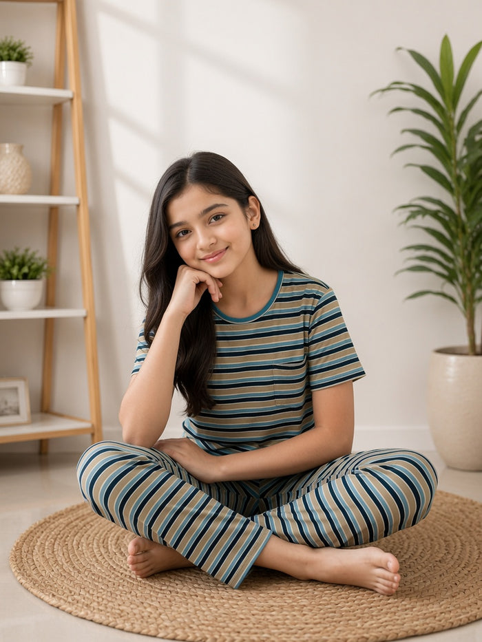 Girls Premium Striped Single Jersey Lycra Cotton T-Shirt & Trouser Night Suit