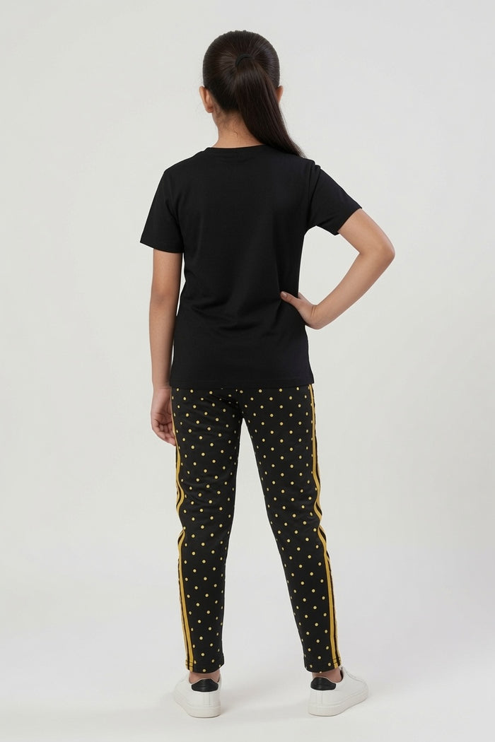 Girls Premium "Too Lazy To Be Lazy" Printed  & Black Polka Dot Trouser Set