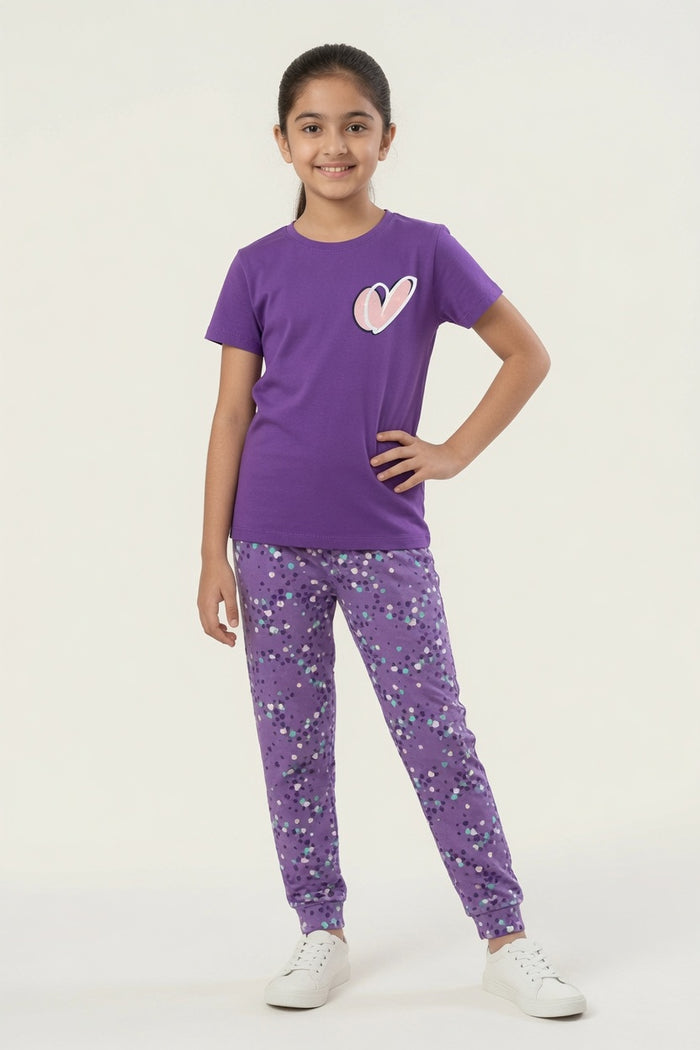 Girls Purple Heart Printed Single Jersey Cotton T-Shirt & Printed Trouser Set