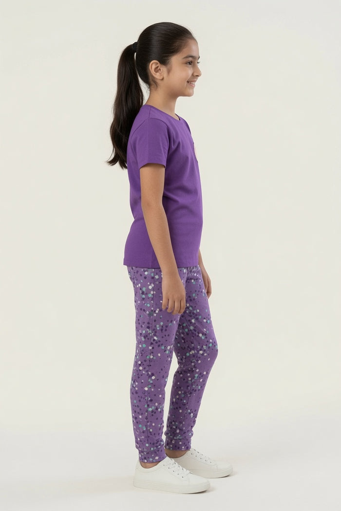 Girls Purple Heart Printed Single Jersey Cotton T-Shirt & Printed Trouser Set
