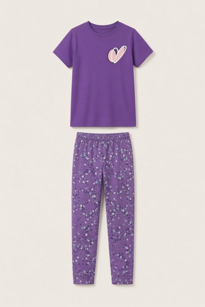 Girls Purple Heart Printed Single Jersey Cotton T-Shirt & Printed Trouser Set