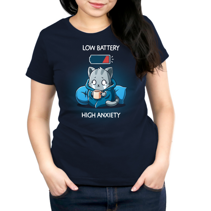 Premium Cotton T-shirt_TeeTurtle navy blue Low Battery High Anxiety Premium Cotton T-shirt featuring an anxious, crying cat wrapped in a blanket with a mug in their hands. There is a low battery icon above them. The text reads "Low Battery High Anxiety".