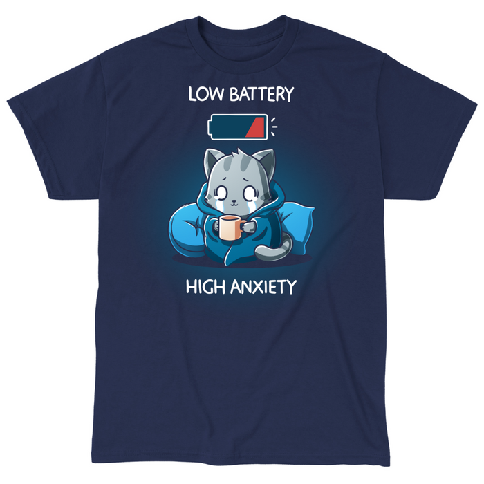 Classic Cotton T-shirt_TeeTurtle navy blue Low Battery High Anxiety Classic Cotton T-shirt featuring an anxious, crying cat wrapped in a blanket with a mug in their hands. There is a low battery icon above them. The text reads "Low Battery High Anxiety".