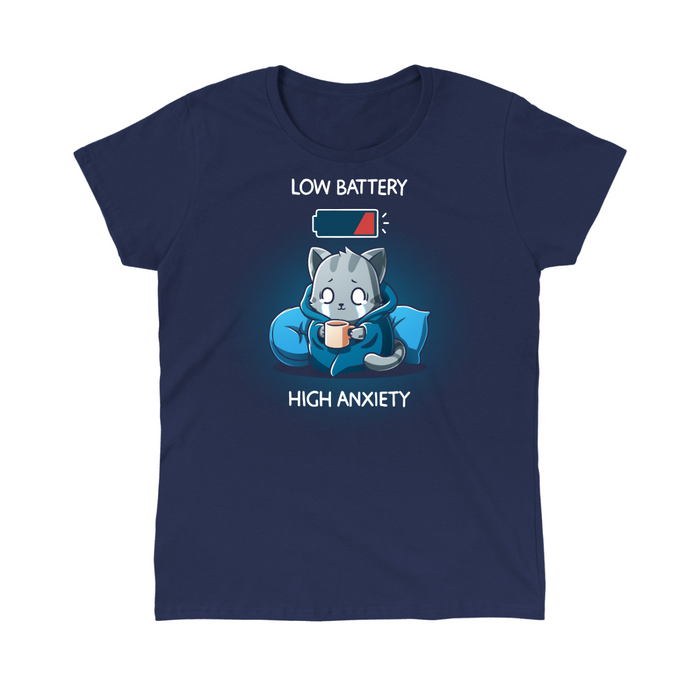 Classic Cotton T-shirt_TeeTurtle navy blue Low Battery High Anxiety Classic Cotton T-shirt featuring an anxious, crying cat wrapped in a blanket with a mug in their hands. There is a low battery icon above them. The text reads "Low Battery High Anxiety".