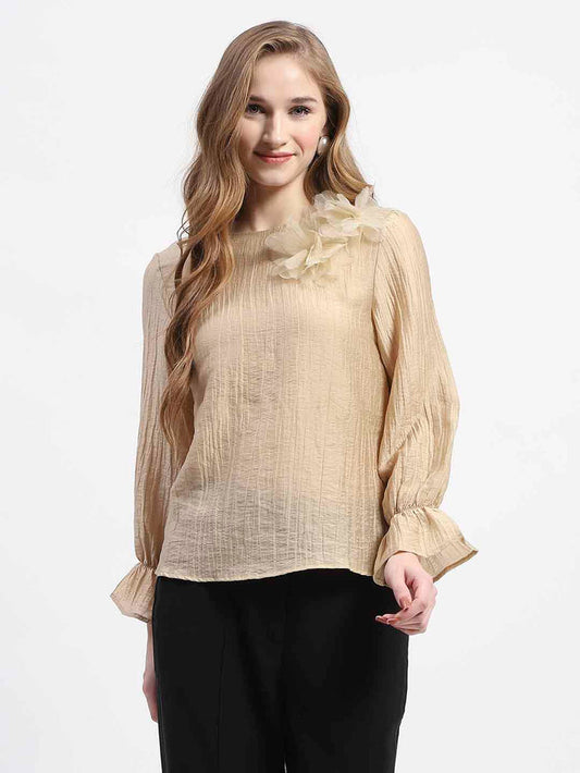 Madame 3D Flower Detailed Round Neck Solid Beige Top