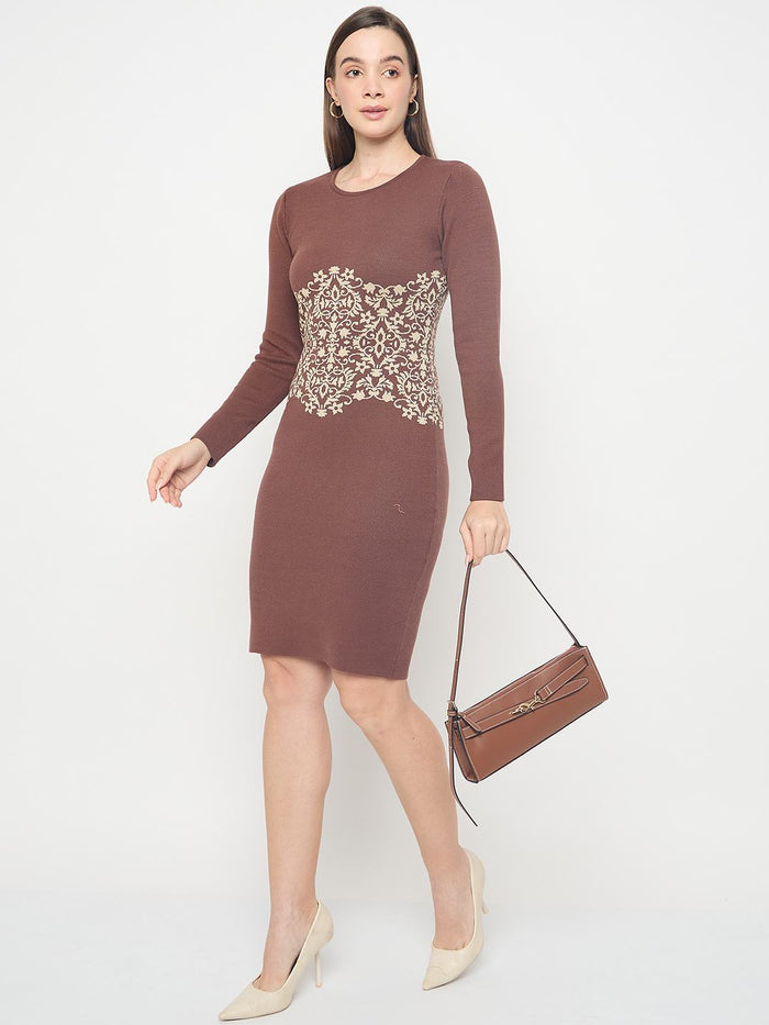 Madame Abstract Print Viscose Blend Coffee Brown Knitted Dress