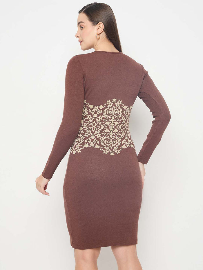 Madame Abstract Print Viscose Blend Coffee Brown Knitted Dress