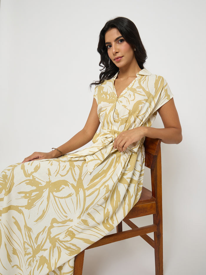 Madame Belted Fit and Flare Beige Wrap Dress