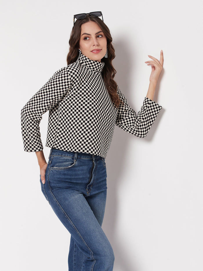 Madame Black Chess Print Turtleneck Top