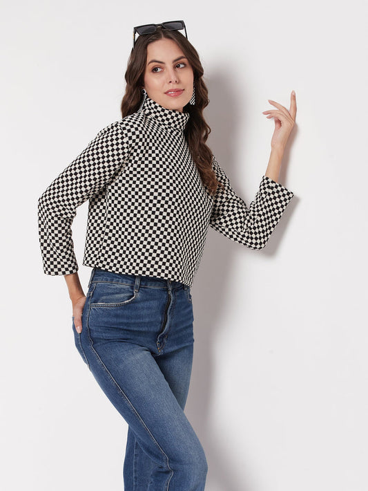 Madame Black Chess Print Turtleneck Top