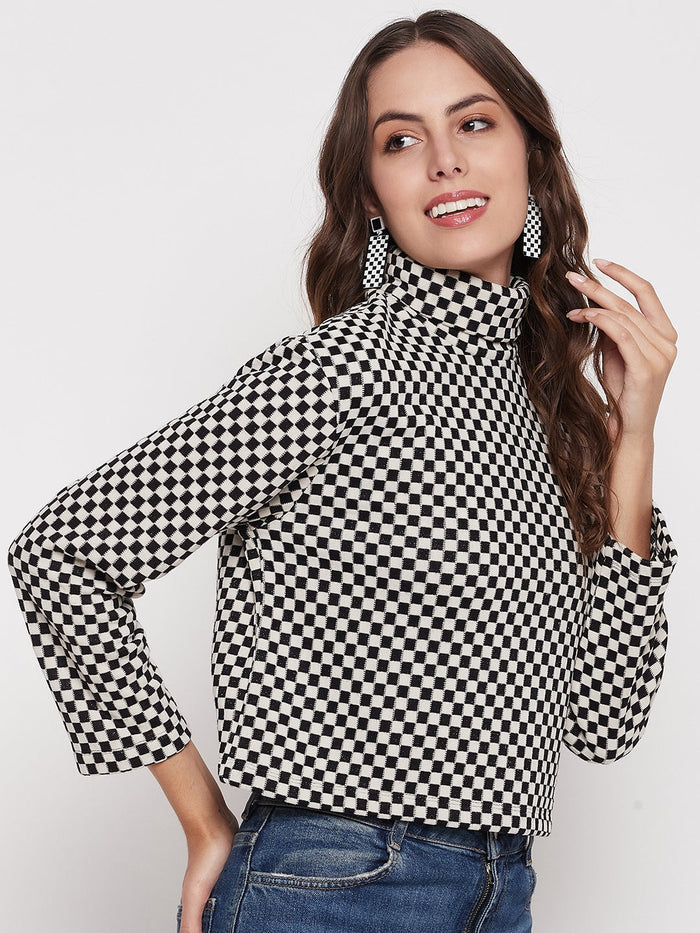 Madame Black Chess Print Turtleneck Top