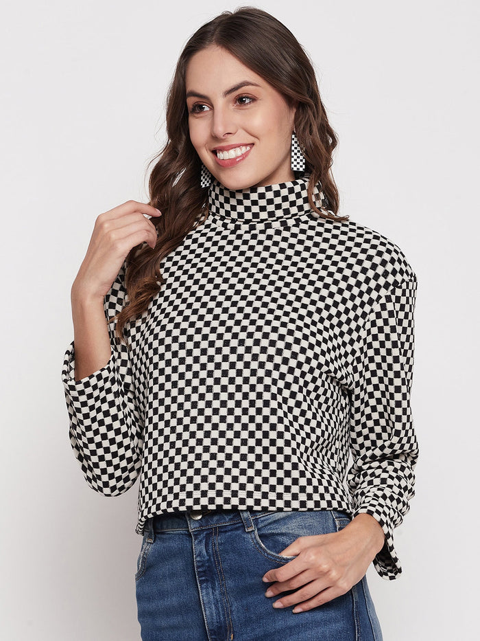 Madame Black Chess Print Turtleneck Top