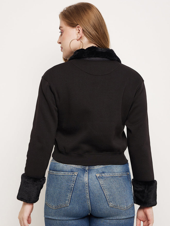 Madame Black Faux Fur Collared Crop Sweatshirt